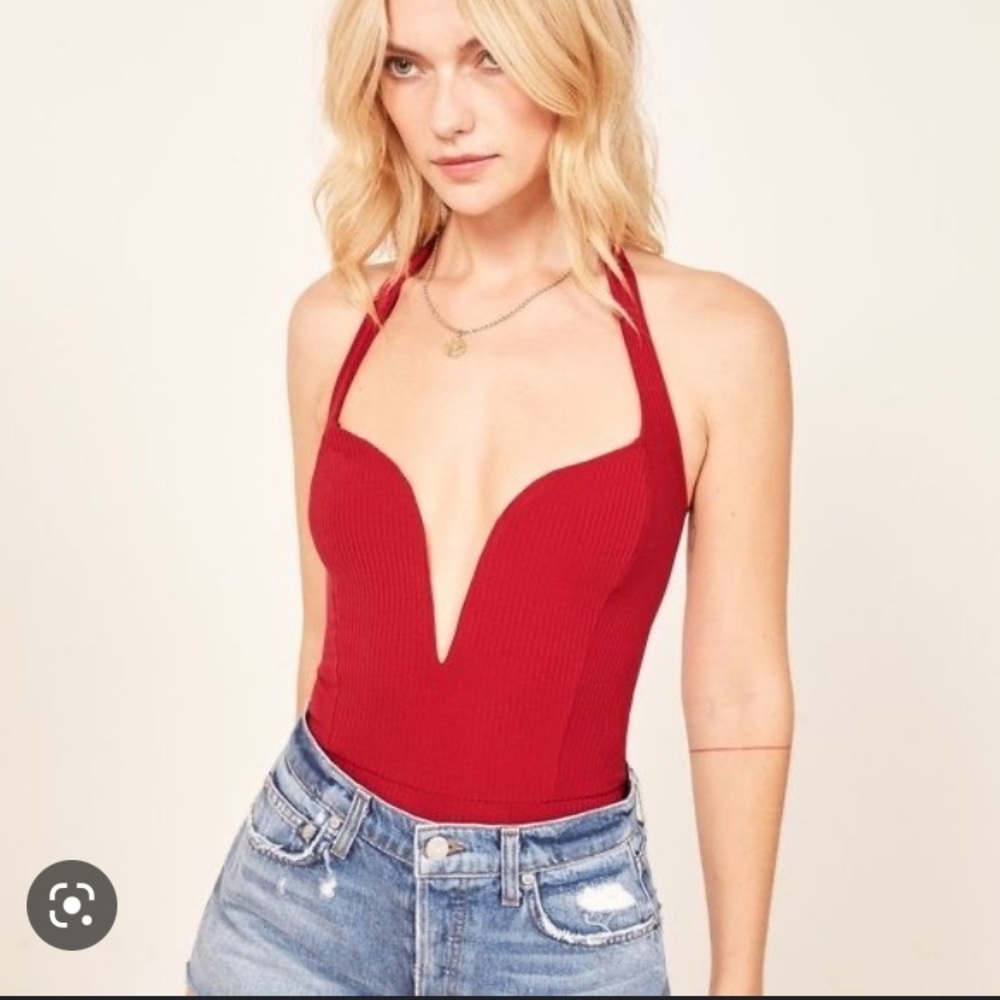 Reformation Red Plunging Halter Bodysuit